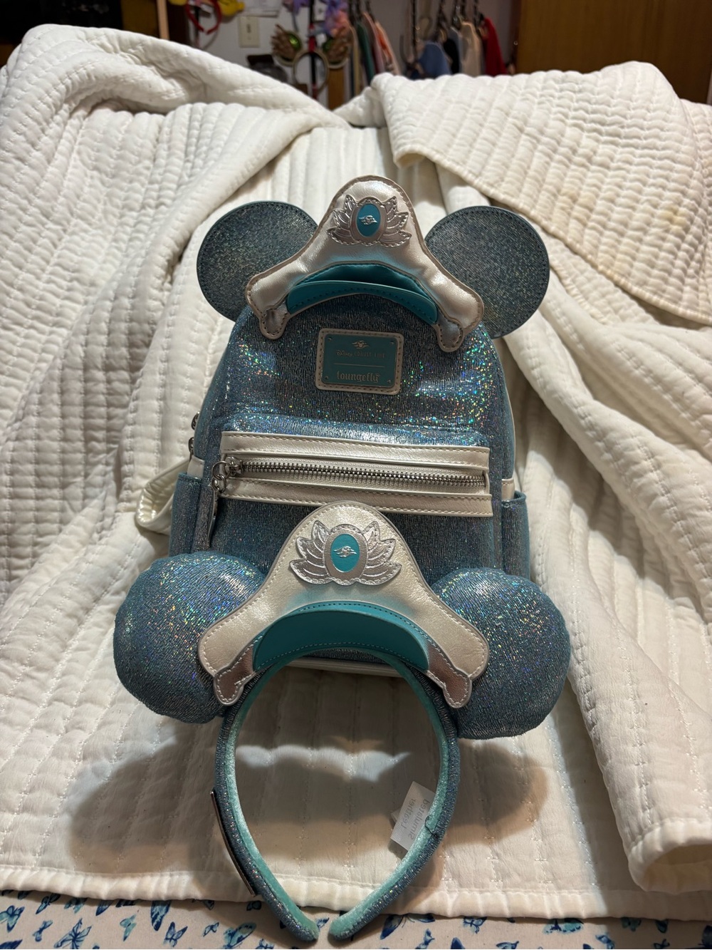 Loungefly Teal Glitter Mini Backpack with Silver Trim and Teal Ear Headband